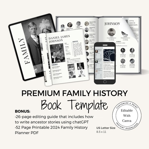 Livre d'histoire familiale PREMIUM / modèle sur toile / classeur d'histoire familiale en prime / instructions détaillées / livre imprimable d'ascendance facile à modifier