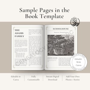 May include: A book template spread featuring sample pages. The left page displays "The Adams Family" with text. The right page shows a schoolhouse image and text about Joseph Adams. Includes "Customize & Print" and "Editable With Canva" graphics.