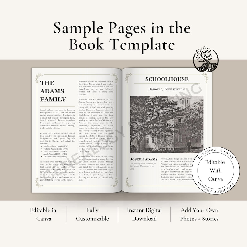 May include: A book template spread featuring sample pages. The left page displays "The Adams Family" with text. The right page shows a schoolhouse image and text about Joseph Adams. Includes "Customize & Print" and "Editable With Canva" graphics.