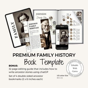 PREMIUM familiegeschiedenisboek / Canva-sjabloon / bonus voorouderbladwijzers / Canva-instructies / afdrukbaar boek voorouders / stamboom