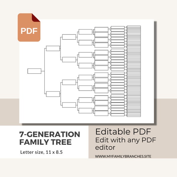 7 Generation Family Tree / Editable PDF Template / Pedigree Chart / Genealogy / Instant Download / Reunion / Block and line text