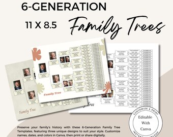 Zestaw 3 szablonów drzewa genealogicznego dla 6 pokoleń | Edytowalny wykres rodowodowy Canva | Natychmiastowe pobranie