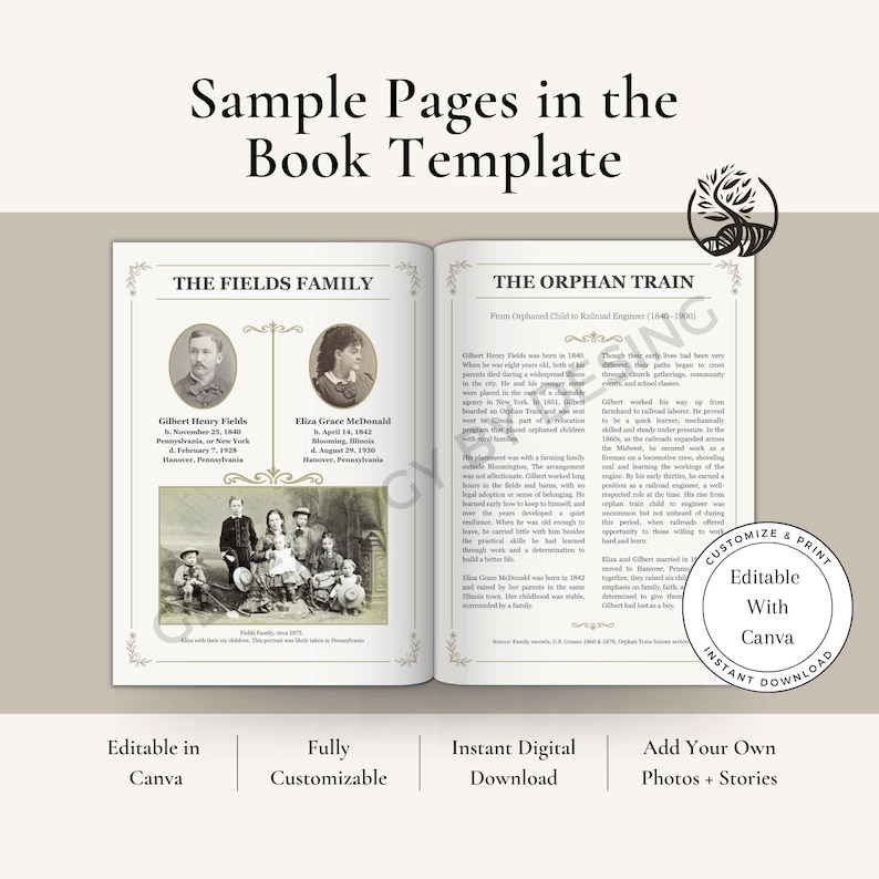 May include: A book template spread with historical family pages. The left page features portraits and information about the Fields family. The right page details the Orphan Train. The design includes decorative borders and the text "Sample Pages in the Book Template."