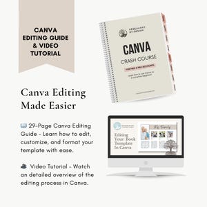 May include: An image featuring a Canva editing guide and video tutorial. The image includes a spiral-bound book titled "CANVA CRASH COURSE" and a computer screen displaying a book template. Text on the image includes "Canva Editing Made Easier."