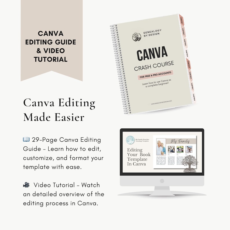 May include: An image featuring a Canva editing guide and video tutorial. The image includes a spiral-bound book titled "CANVA CRASH COURSE" and a computer screen displaying a book template. Text on the image includes "Canva Editing Made Easier."