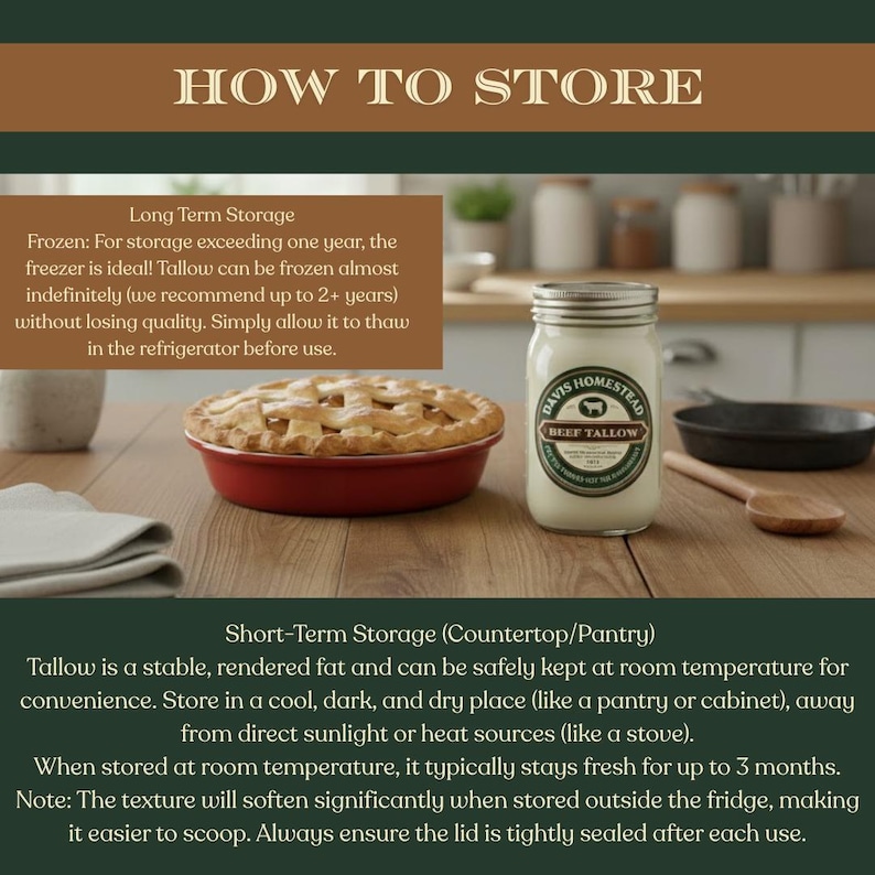 May include: An image detailing how to store beef tallow. A jar of Davis Homestead beef tallow sits next to a pie in a red dish. Text explains long-term and short-term storage methods for the product.