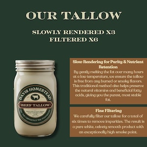 May include: A glass jar of Davis Homestead beef tallow. The jar has a metal lid and a label with a cow illustration. The text on the label reads "Beef Tallow" and "Pay the farmer not the pharmacist". The background is dark green.
