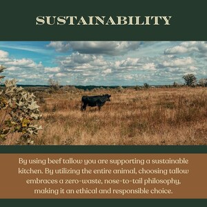 May include: An image with the word "SUSTAINABILITY" at the top. A black cow stands in a field of dry grass under a cloudy sky. Text below states that using beef tallow supports a sustainable kitchen.