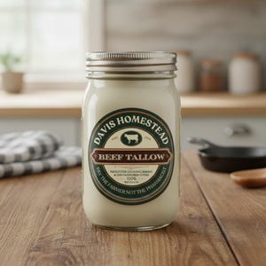 May include: A clear glass jar with a silver lid filled with white beef tallow. The jar has a label with the text "DAVIS HOMESTEAD BEEF TALLOW" and other text. The jar is on a wooden surface.