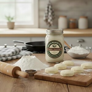 May include: A jar of Davis Homestead Beef Tallow sits on a wooden surface, surrounded by flour, a rolling pin, and biscuit dough. The jar has a silver lid and a label with text. A cast iron skillet and other kitchen items are in the background.