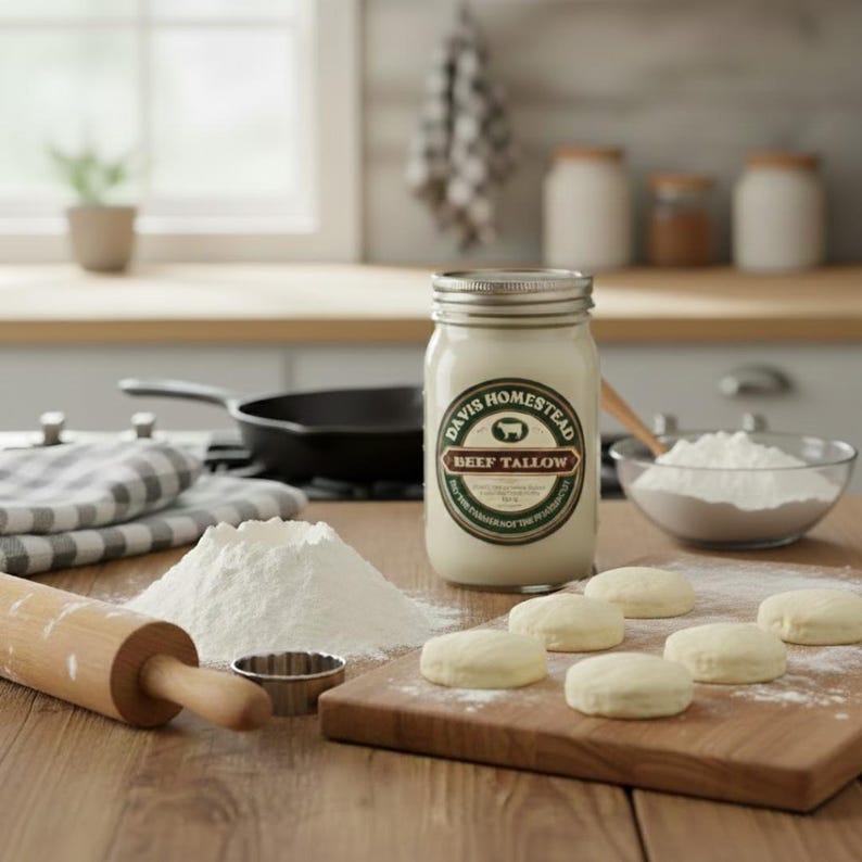 May include: A jar of Davis Homestead Beef Tallow sits on a wooden surface, surrounded by flour, a rolling pin, and biscuit dough. The jar has a silver lid and a label with text. A cast iron skillet and other kitchen items are in the background.