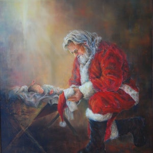 16x20 Canvas (Frame Required) Kneeling Santa, Santa Kneeling, Santa Nativity, Baby Jesus Manger, Santa Kneeling At Manger, Christ Child