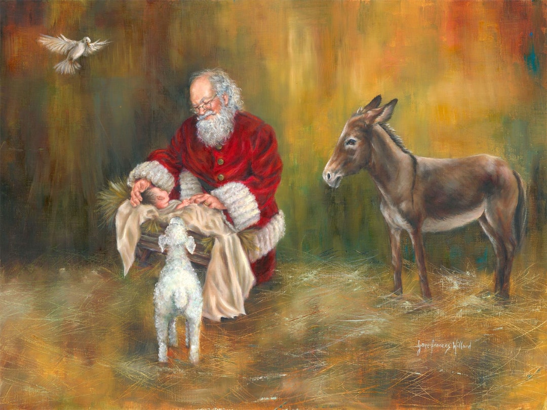 Baby Jesus Nativity Donkey Santa Kneeling Christian Art Etsy