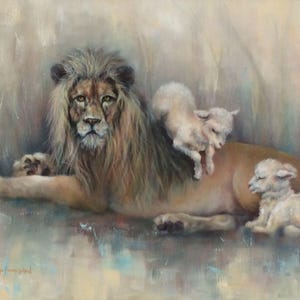 Majesty and Mercy- Christian Art, Lion, Lamb, Lion and the Lamb, Painting of Lion, Painting of Lamb, Christian Paintings, Inspirational Art