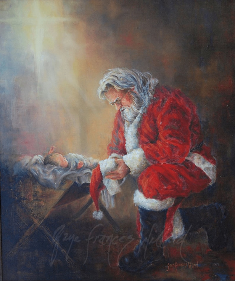 Kneeling Santa, Santa Kneeling, Santa Nativity, Baby Jesus Manger, Santa Kneeling At Manger, Christ Child In Manger, Santa And Christ Child image 1