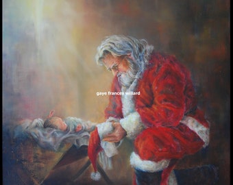 May include: A painting of Santa Claus kneeling before a baby Jesus in a manger. The painting is done in a realistic style with warm colors and soft lighting. The text "gaye frances willard" is visible in the lower left corner of the painting.