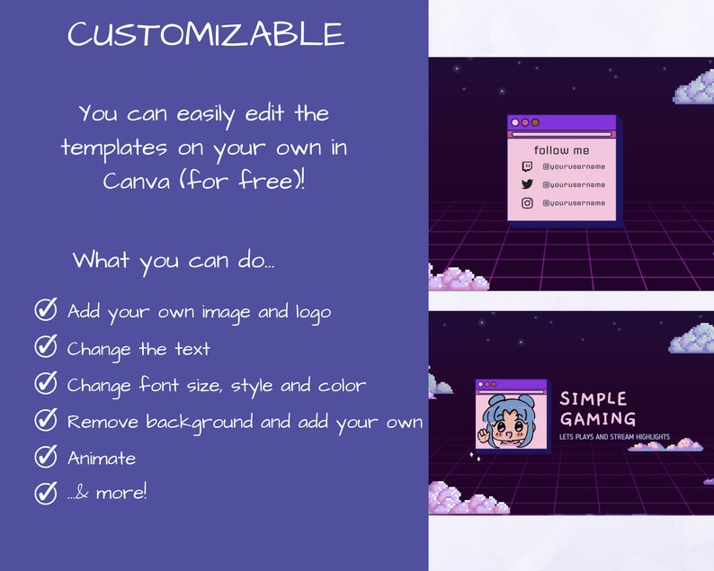 Youtube Branding Kit Gaming Banner, Intros and Outros Editable Canva