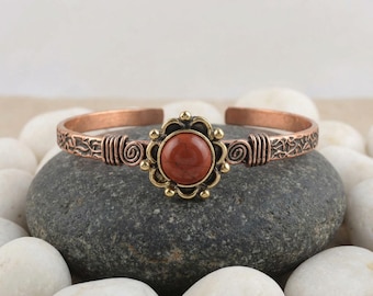 Red Jasper Copper Cuff Bracelet, Artisan Handcrafted Bohemian Jewelry, Wire Wrapped Oxidized Gemstone Cuff, Unisex Rustic Statement Gift