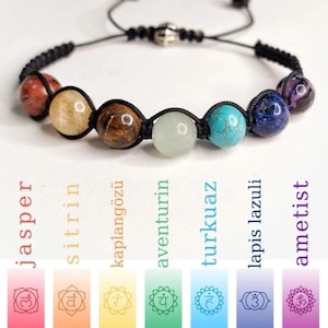 May include: A chakra bracelet with seven different colored beads, including jasper, citrine, tiger's eye, aventurine, turquoise, lapis lazuli, and amethyst. The bracelet is made with black string and has a silver clasp.