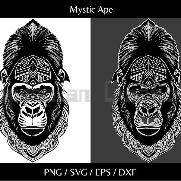 Mystic Tribal Ape Gorilla Tattoo Animal Clipart Vector Art Silhouette | Svg, Png, Dxf, Eps Instant Download for Print Cut Cricut Design