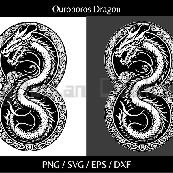 Ouroboros Dragon | Chinese Symbolic Tattoo Clipart Vector Art Silhouette | Svg, Png, Dxf, Eps | Instant Download for Print Cut Cricut Design