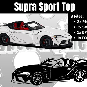 Peut inclure: Une voiture de sport Supra blanche avec un toit convertible noir. La voiture est représentée à la fois en couleur et en silhouette noire et blanche.