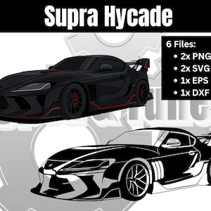 Könnte beinhalten: Eine Schwarzweißillustration eines modifizierten Supra-Sportwagens mit einem großen Heckflügel. Das Auto wird in zwei Versionen gezeigt: eine schwarze und rote Version und eine schwarz-weiße Version. Der Text "Supra Hycade" befindet sich oben im Bild. Der Text "6 Dateien: • 2x PNG • 2x SVG • 1x EPS • 1x DXF" befindet sich unten im Bild.