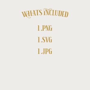 Puede incluir: Texto que dice "Whats Included" en una fuente decorativa. Debajo del texto hay tres l&iacute;neas de texto que dicen "1 .PNG", "1 .SVG" y "1 .JPG".