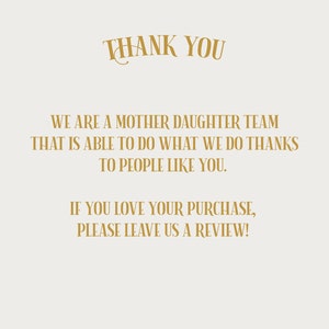 Puede incluir: Un mensaje de agradecimiento de un equipo de madre e hija, expresando su gratitud a los clientes por su apoyo. El mensaje anima a los clientes a dejar una rese&ntilde;a si les gusta su compra.