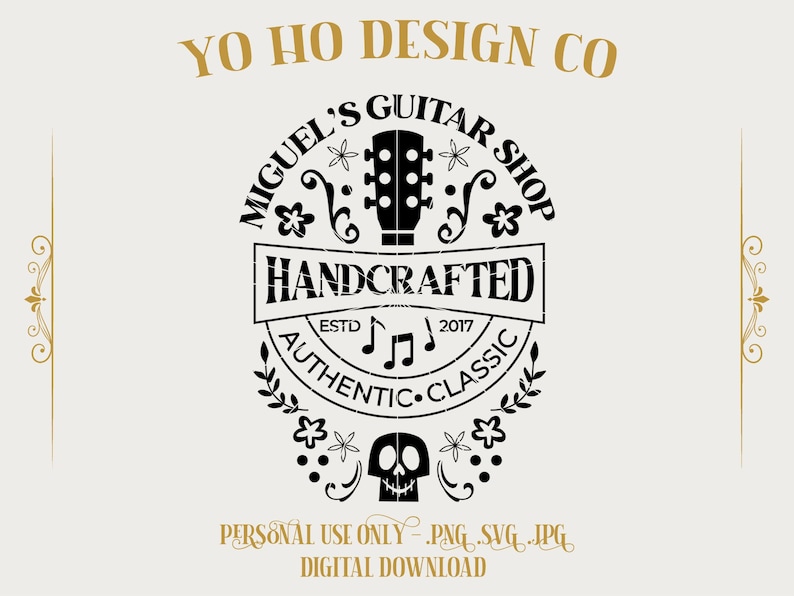 Puede incluir: Dise&ntilde;o de logotipo en blanco y negro para una tienda de guitarras llamada "Miguel's Guitar Shop". El logotipo presenta una guitarra, flores y una calavera. El texto "Handcrafted, Authentic, Classic" est&aacute; incluido en el logotipo. El texto "Yo Ho Design Co" aparece sobre el logotipo. El texto "Personal Use Only .PNG .SVG .JPG Digital Download" aparece debajo del logotipo.