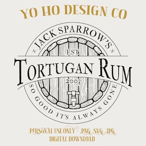 May include: Black and white illustration of a wooden barrel with the text "Jack Sparrow's" and "Tortugan Rum" around it. The text "EST 2003" is inside the barrel. The text "So good it's always gone" is around the barrel.