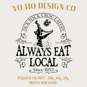 Puede incluir: Diseño gráfico en blanco y negro con el texto "YO HO DESIGN CO" en la parte superior. El diseño presenta un cocodrilo con un despertador y las palabras "TICK TOCK CROC EATERY" y "ALWAYS EAT LOCAL Since 1953".