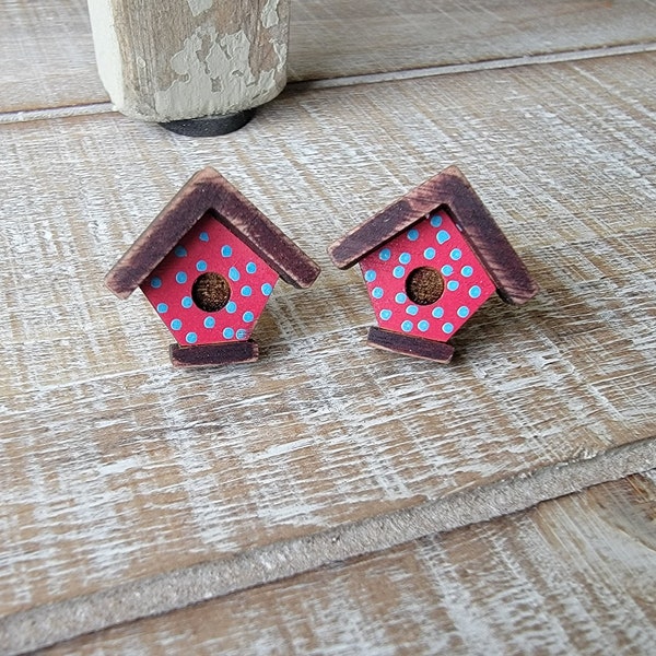 3d Wooden Birdhouse Stud earrings