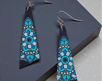 Floral Prism Mandala Earrings Aqua Prism Meadow | Hand Painted Wooden Mandala Earrings | Stainless Steel Jewelry