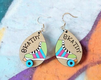 Skatin Earrings | Hand Painted Wooden Roller Skate | Retro Skate Jewelry | 3D Wheels |