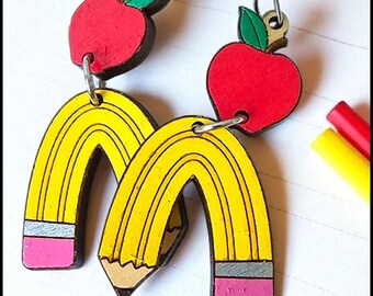 Apple & Pencil Chain Earrings | Hand-Painted Teacher Gift