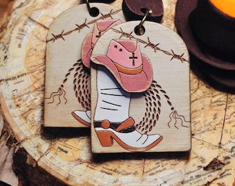 Hand-Painted Cowgirl Earrings | 3D Western Boot & Hat