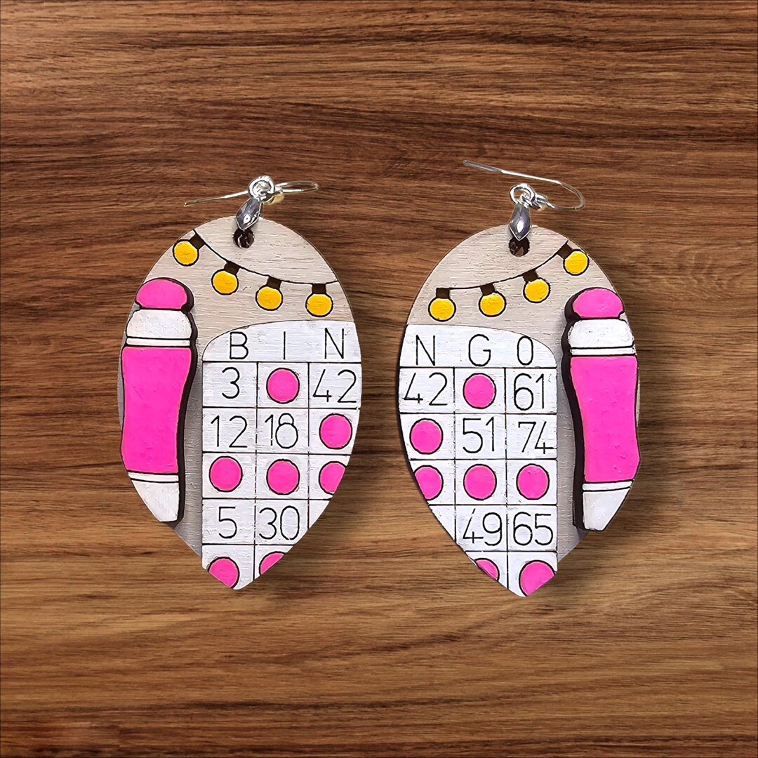Hand-painted Wooden Bingo Earrings | 3D Bingo Card & Dauber | Fun Game ...