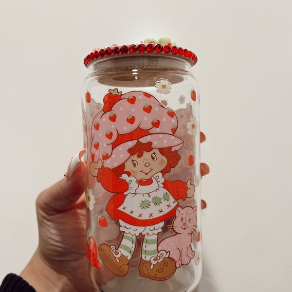 Vintage Strawberry Shortcake Glass Cup with Custom Lid, Strawberry Shortcake Custom Cup, Personalized Tumblers, Gifts for Her, Birthday Gift