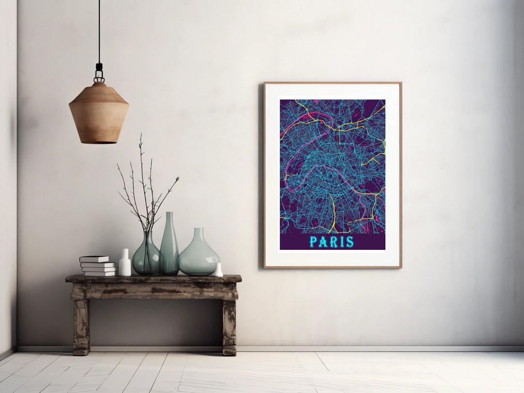 Digital Paris Neon Styled Map Paris City, Paris Map Poster, France ...