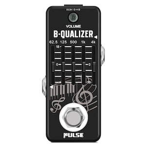 May include: Black B-QUALIZER guitar pedal with five knobs labeled 62.5, 125, 500, 1k, and 4k. The knobs have a range of 18. The pedal has a volume knob and a white button. The pedal has a musical note design.