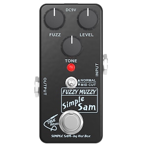 May include: Black guitar pedal with the text "FUZZY MUZZY Simple Sam" and the text "SIMPLE SAM - by Hot Box". The pedal has four knobs labeled "FUZZ", "LEVEL", "TONE", and a toggle switch labeled "NORMAL" and "MID CUT".