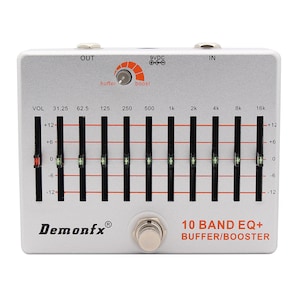 May include: A silver 10-band graphic equaliser pedal with a buffer and boost function. The pedal has a volume knob, 10 sliders, and a footswitch. The text "Demonfx" and "10 BAND EQ+ BUFFER/BOOSTER" is printed on the pedal.