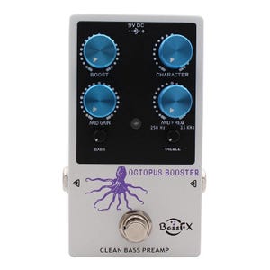 May include: A silver bass guitar preamp pedal with blue control knobs and the text "OCTOPUS BOOSTER." It has controls for Boost, Character, Mid Gain, and Mid Freq. The pedal features a purple octopus graphic and the "Bass-X" logo.