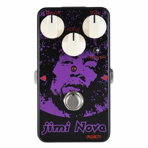 May include: A black and purple Jimi Hendrix-themed guitar effects pedal with the text "Jimi Nova" and "MODEN" on the front. The pedal has three knobs labeled "Depth", "Rate", and "Hue", and a toggle switch labeled "Chorus/Vibe".