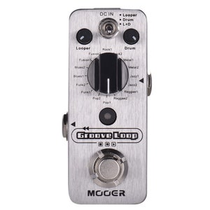 May include: A silver-colored Mooer Groove Loop guitar pedal with a black knob and a black and white display. The pedal has a variety of buttons and knobs for controlling the loop, including a Looper, Rock, Drum, Fusion, Blues, Funk, Pop, and Reggae.
