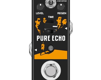 Puede incluir: Pedal de efectos de guitarra negro con un gráfico de un hombre caminando sobre un fondo amarillo y naranja. El pedal tiene perillas para nivel, tiempo y regeneración, y un interruptor de palanca para claro, normal e inverso. El texto "PURE ECHO" está impreso en el pedal.