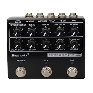 Può includere: Pedale per effetti per chitarra nero Demonfx Reverb & Delay Workstation con manopole per Reverb Select, Blend, Decay, Predelay, Morph, Delay Select, Blend, Time, Feedback e Morph. Il pedale ha tre interruttori a pedale etichettati Reverb, Delay e Tap.