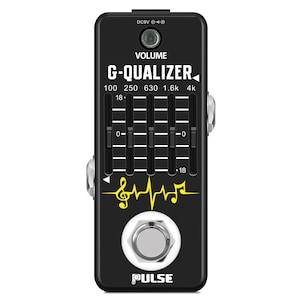 May include: Black guitar pedal with a yellow graphic of a musical note and a heartbeat. The pedal has a volume knob and five sliders labeled 100, 250, 630, 1.6k, and 4k. The text "G-QUALIZER" is printed on the pedal.