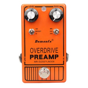 Puede incluir: Pedal de efectos de guitarra de color naranja con el texto "Demonfx® OVERDRIVE PREAMP MR/D250/YJM308" y perillas etiquetadas como "LEVEL", "GAIN", "GE BOOST SI", y "MR 250 308".